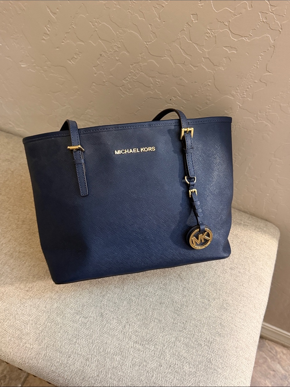 MICHAEL KORS Navy Saffiano Leather Tote with Gold Accent